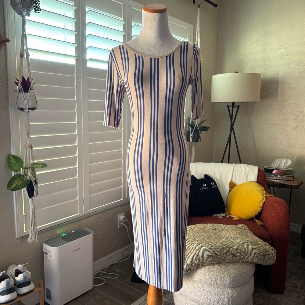 LuLaRoe Blue and Cream Striped Long Sleeve Dress